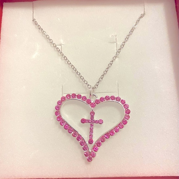 Silver color and pink rhinestones heart necklace with cross inside heart - Picture 1 of 1